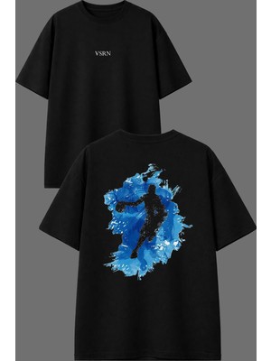 Vsrn Mavi Basketbol Tasarım Ön Arka Baskılı Siyah Oversize T Shirt