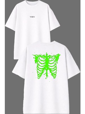 Vsrn Yeşil Kaburga Tasarım Ön Arka Baskılı Beyaz Oversize T Shirt
