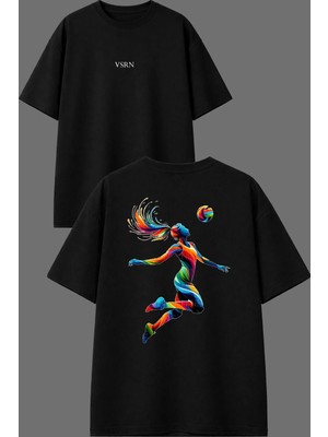 Vsrn Voleyball Smaç Tasarım Ön Arka Baskılı Siyah Oversize T Shirt