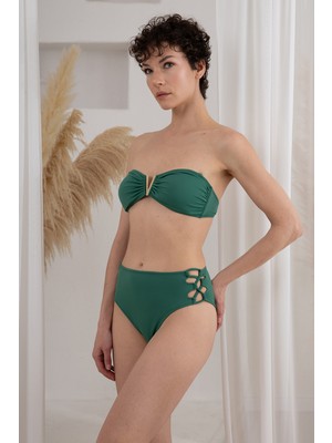 Lapieno Lapıeno Kadın Düz Yeşil Aksesuar Çıkarılabilir Soft Kap Straplez Bikini Takımı