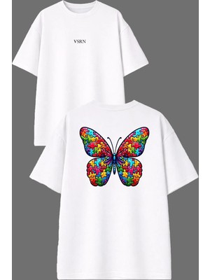 Vsrn Yapboz Kelebek Tasarım Ön Arka Baskılı Beyaz Oversize T Shirt