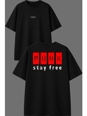 Vsrn Punk Stay Tasarım Ön Arka Baskılı Siyah Oversize T Shirt
