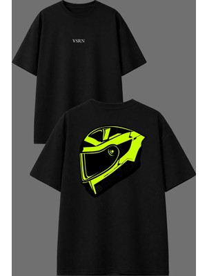 Vsrn Sarı Kask Tasarım Ön Arka Baskılı Siyah Oversize T Shirt