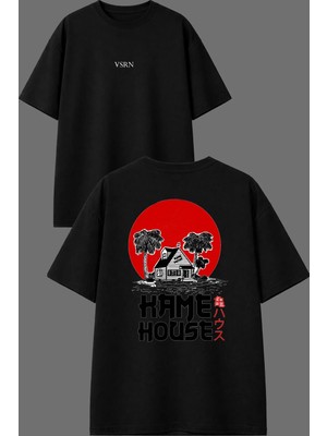 Vsrn Japan Ev Tasarım Ön Arka Baskılı Siyah Oversize T Shirt