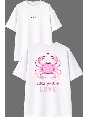 Vsrn Yengeç Pembe Tasarım Ön Arka Baskılı Beyaz Oversize T Shirt