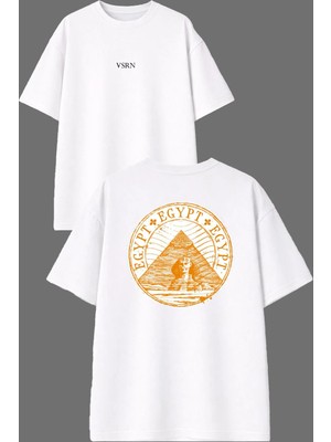 Vsrn Yuvarlak Egypt Egypt Tasarım Ön Arka Baskılı Beyaz Oversize T Shirt