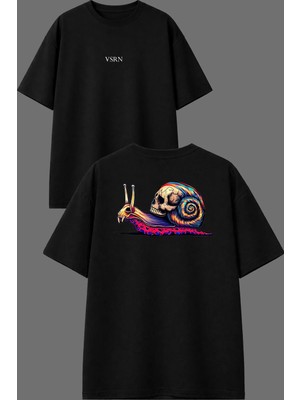 Vsrn Modifiyeli Böcek Tasarım Ön Arka Baskılı Siyah Oversize T Shirt