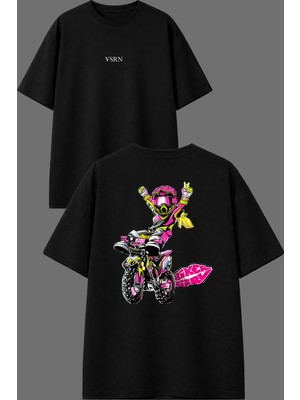Vsrn Motocros Girls Tasarım Ön Arka Baskılı Siyah Oversize T Shirt