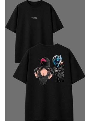 Vsrn Motorcu Sevgili Tasarım Ön Arka Baskılı Siyah Oversize T Shirt