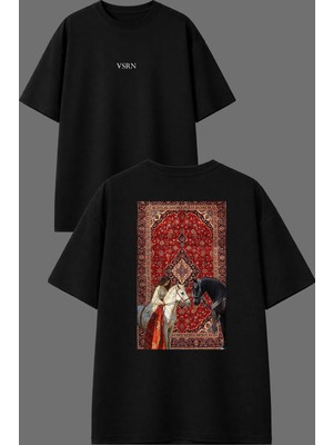 Vsrn Sultan ve Atları Tasarım Ön Arka Baskılı Siyah Oversize T Shirt