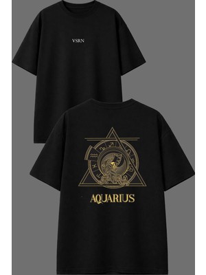 Vsrn Üçgen Aquar Tasarım Ön Arka Baskılı Siyah Oversize T Shirt
