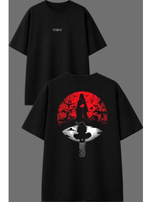 Vsrn Vida Anime Tasarım Ön Arka Baskılı Siyah Oversize T Shirt