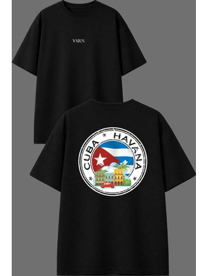 Vsrn Yuvarlak Cuba Tasarım Ön Arka Baskılı Siyah Oversize T Shirt