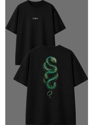 Vsrn Green Sinirli Yılan Tasarım Ön Arka Baskılı Siyah Oversize T Shirt