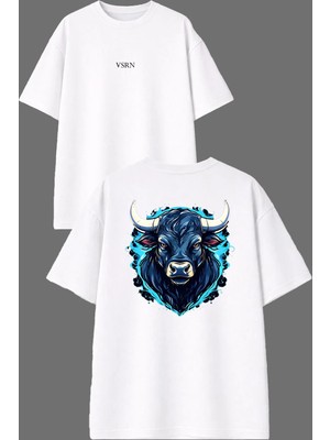 Vsrn Boğa Tasarım Ön Arka Baskılı Beyaz Oversize T Shirt