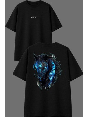 Vsrn Robot At Tasarım Ön Arka Baskılı Siyah Oversize T Shirt
