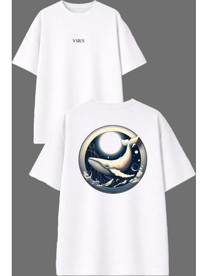 Vsrn Balina Tasarım Ön Arka Baskılı Beyaz Oversize T Shirt