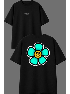 Vsrn Neon Çiçek Tasarım Ön Arka Baskılı Siyah Oversize T Shirt