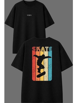 Vsrn Skate Board Tasarım Ön Arka Baskılı Siyah Oversize T Shirt