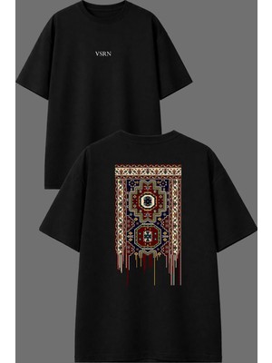 Vsrn Sökülen Halı Tasarım Ön Arka Baskılı Siyah Oversize T Shirt