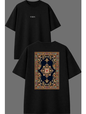 Vsrn Açık Renkli Halı Tasarım Ön Arka Baskılı Siyah Oversize T Shirt