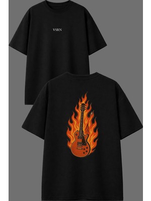 Vsrn Alevli Gitar Tasarım Ön Arka Baskılı Siyah Oversize T Shirt