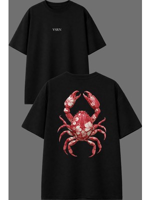 Vsrn Desenli Yengeç Tasarım Ön Arka Baskılı Siyah Oversize T Shirt