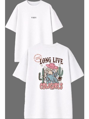 Vsrn Cow Girl Tasarım Ön Arka Baskılı Beyaz Oversize T Shirt