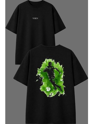 Vsrn Yeşil Futbolcu Tasarım Ön Arka Baskılı Siyah Oversize T Shirt