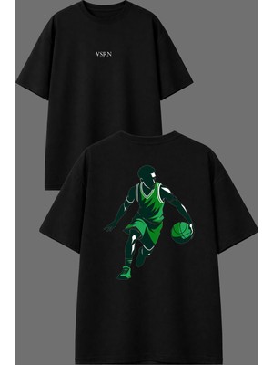 Vsrn Yeşil Takım Basketbol Tasarım Ön Arka Baskılı Siyah Oversize T Shirt