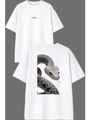 Vsrn Büyük Yılan Tasarım Ön Arka Baskılı Beyaz Oversize T Shirt