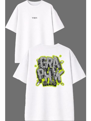 Vsrn Gra Island Tasarım Ön Arka Baskılı Beyaz Oversize T Shirt