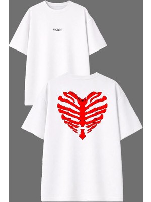 Vsrn Kalp Kafes Tasarım Ön Arka Baskılı Beyaz Oversize T Shirt