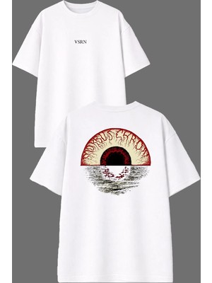 Vsrn Kanlı Göz Tasarım Ön Arka Baskılı Beyaz Oversize T Shirt
