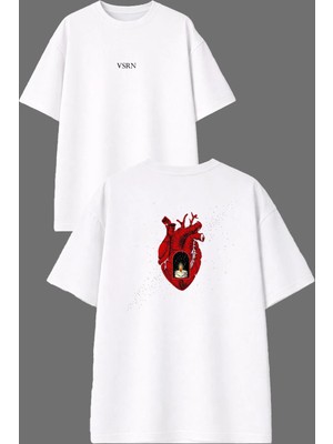 Vsrn Kalp Mum Tasarım Ön Arka Baskılı Beyaz Oversize T Shirt