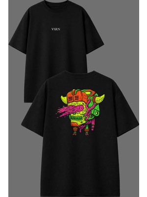 Vsrn Alevli Iskelet Tasarım Ön Arka Baskılı Siyah Oversize T Shirt