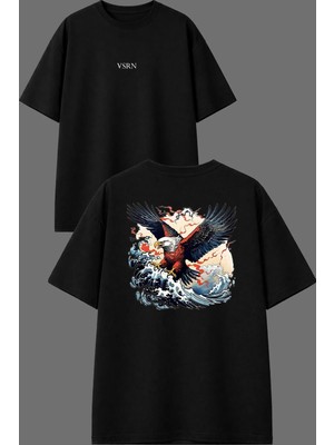 Vsrn Havalı Kuş Tasarım Ön Arka Baskılı Siyah Oversize T Shirt