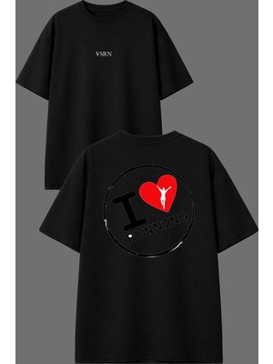 Vsrn I Love Run Tasarım Ön Arka Baskılı Siyah Oversize T Shirt
