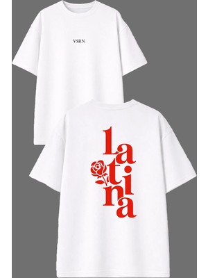 Vsrn Latin Tasarım Ön Arka Baskılı Beyaz Oversize T Shirt