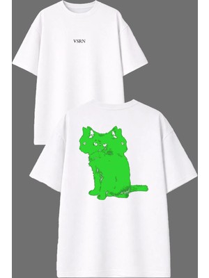 Vsrn Hipnoz Kediler Tasarım Ön Arka Baskılı Beyaz Oversize T Shirt