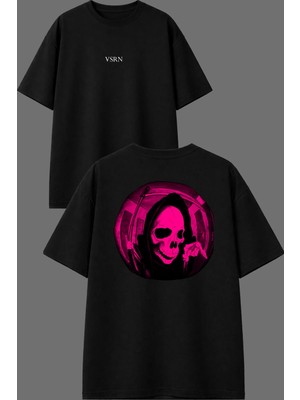 Vsrn Çılgın Iskelet Tasarım Ön Arka Baskılı Siyah Oversize T Shirt