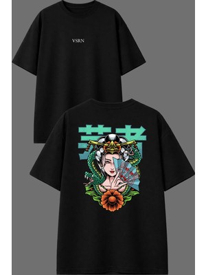 Vsrn Çinli Kadın Tasarım Ön Arka Baskılı Siyah Oversize T Shirt
