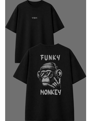 Vsrn Fnky Monkey Tasarım Ön Arka Baskılı Siyah Oversize T Shirt