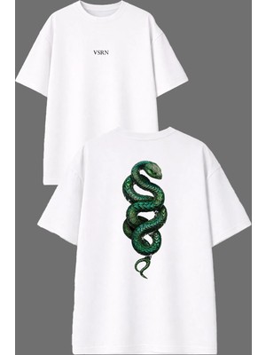 Vsrn Green Sinirli Yılan Tasarım Ön Arka Baskılı Beyaz Oversize T Shirt