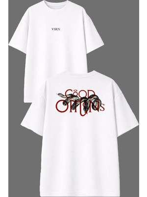 Vsrn Good Yılan Tasarım Ön Arka Baskılı Beyaz Oversize T Shirt