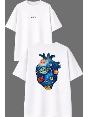 Vsrn Kalp Galaksy Tasarım Ön Arka Baskılı Beyaz Oversize T Shirt