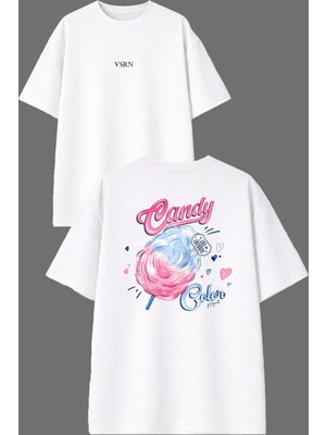 Vsrn Pamuk Şeker Tasarım Ön Arka Baskılı Beyaz Oversize T Shirt