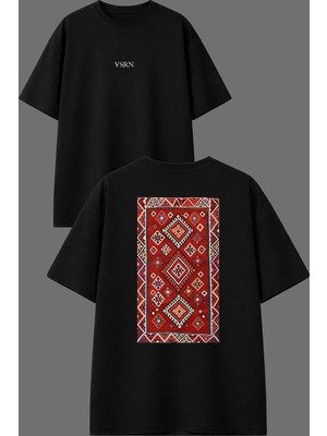 Vsrn Balkan Etnik Halı Tasarım Ön Arka Baskılı Siyah Oversize T Shirt