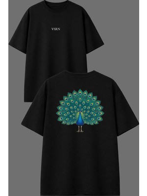 Vsrn Tavus Kuşu Tasarım Ön Arka Baskılı Siyah Oversize T Shirt