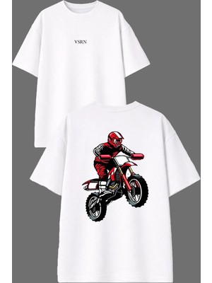Vsrn Kırmızı Cros Motor Tasarım Ön Arka Baskılı Beyaz Oversize T Shirt